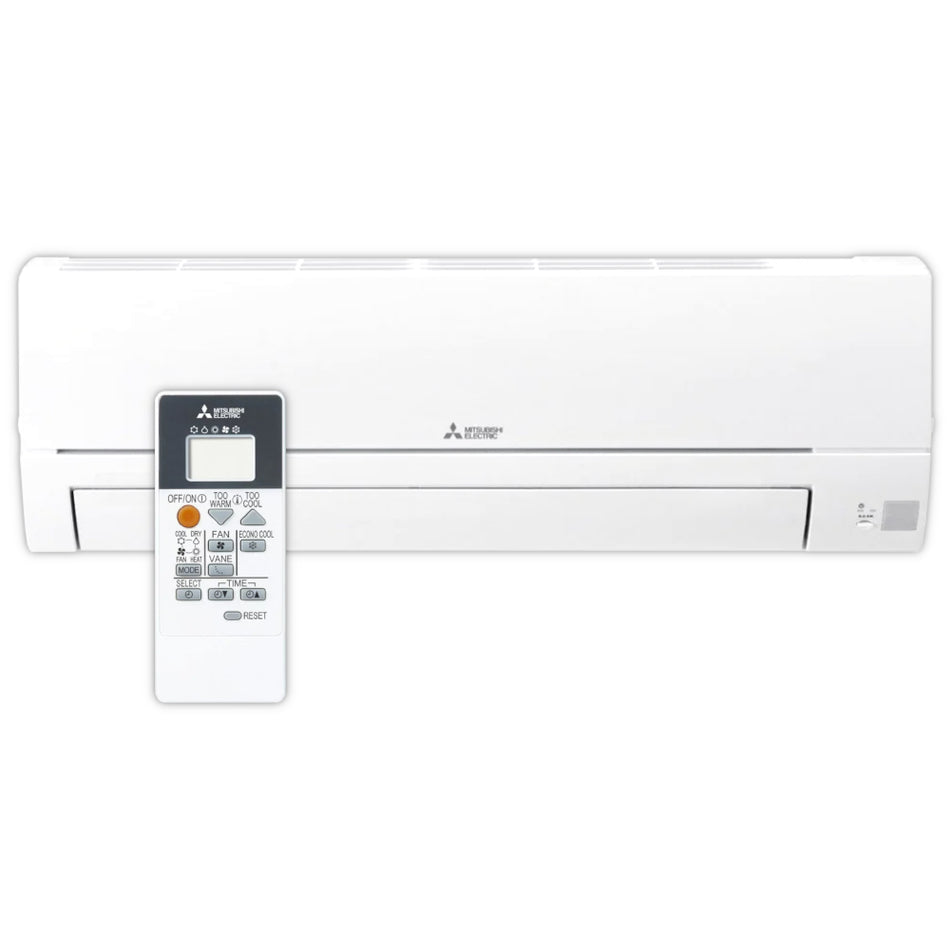 Mitsubishi ELECTRIC Wandgerät MSZ-HR35VF Frontal mit Fernbedienung links. Die Größenverhältnisse, von Fernbedienung zu Wandgerät, entsprechen nicht der Realität.